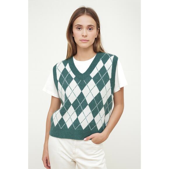 Sugar Muted Sage Green White Cream Argyle VNeck Sweater Vest - Picture 1 of 8